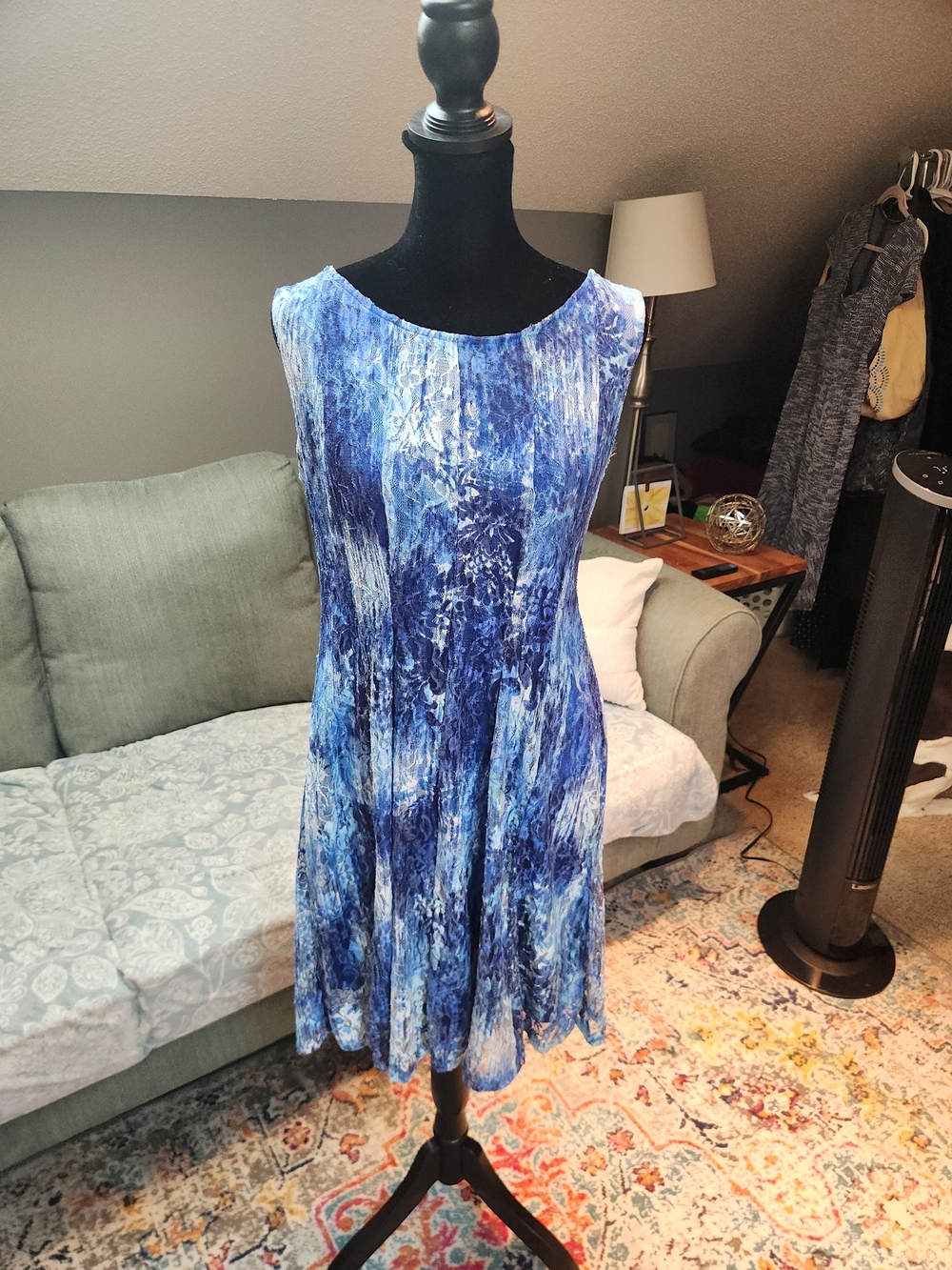 Perceptions Blue Marble-Print Sleeveless Midi Dress Large Petite